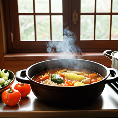 Home 4 ** A cozy, warm-toned photograph of a grandmother's kitchen. Focus on a steaming pot of *doenjang jjigae* (된장찌개) on the stove, with freshly picked vegetables from a garden in the background. The scene should evoke nostalgia and the comfort of home-cooked meals.
**