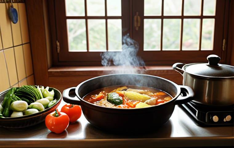 ** A cozy, warm-toned photograph of a grandmother's kitchen. Focus on a steaming pot of *doenjang jjigae* (된장찌개) on the stove, with freshly picked vegetables from a garden in the background. The scene should evoke nostalgia and the comfort of home-cooked meals.

**